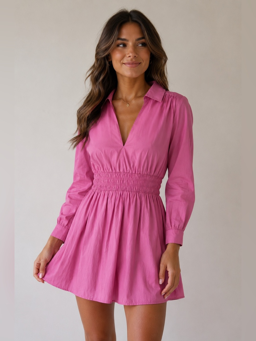 Zara Pink V-Neck Smocked-Waist Mini Dress
